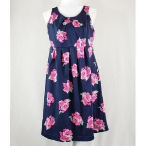 Motherhood Pleated Dress Maternity M Navy Blue Pink Roses Floral Empire Waist